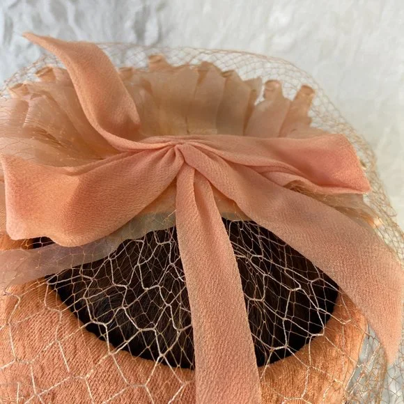 Vintage 1960s Skol Nips by Max Skolnick Peach Ribbon Whimsy Hat Curly Q's net - Picture 5 of 9